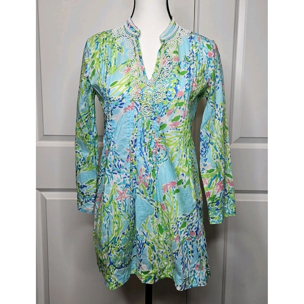 Lilly Pulitzer Longsleeve Beaded Tunic‎ Size XS Tropical Floral Pintuck